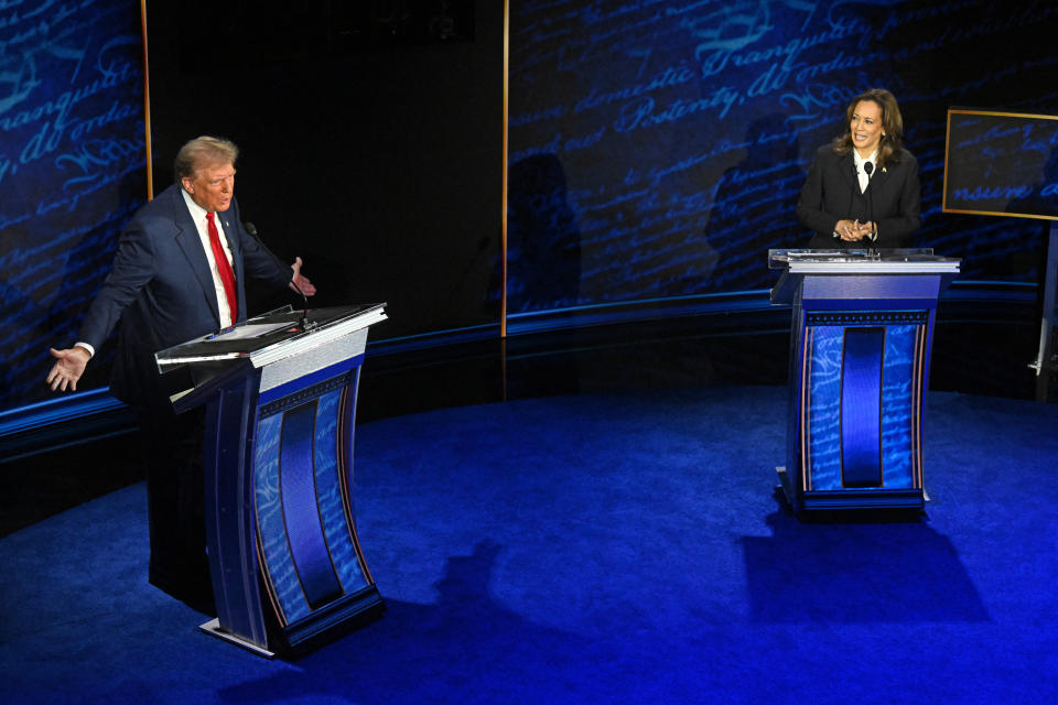 TOPSHOT - Former US President and Republican presidential candidate Donald Trump speaks during a presidential debate with US Vice President and Democratic presidential candidate Kamala Harris at the National Constitution Center in Philadelphia, Pennsylvania, on 10 September 2024. (Photo by SAUL LOEB / AFP) (Photo by SAUL LOEB/AFP via Getty Images)