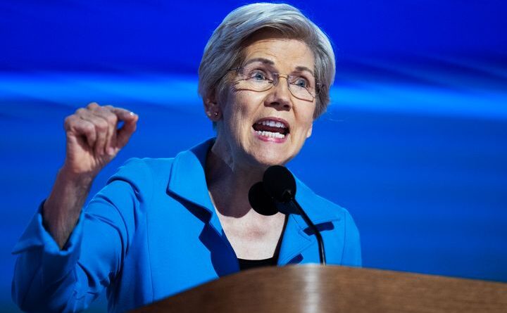 Sen. Elizabeth Warren, D-Mass., speaks on the final night of the Democratic National Convention at the United Center in Chicago, Ill., on Thursday, August 22, 2024.