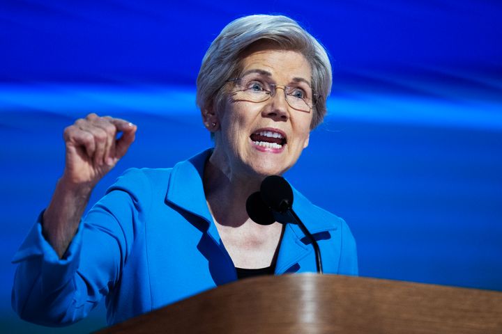 Sen. Elizabeth Warren, D-Mass., speaks on the final night of the Democratic National Convention at the United Center in Chicago, Ill., on Thursday, August 22, 2024. 